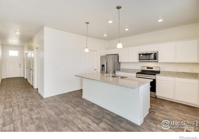 332 Hummingbird Ln, Johnstown, CO 80534 - kitchen featuring appliances with stainless steel finishes, a sink, a kitchen island with sink, wood finished floors, and recessed lighting