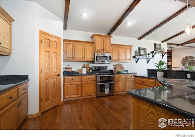 kitchen featuring stainless steel appliances, a sink, dark countertops, and dark wood finished floors