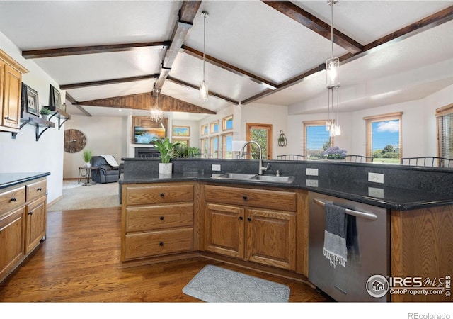 kitchen with a sink, stainless steel dishwasher, dark wood-style flooring, decorative light fixtures, and brown cabinetry