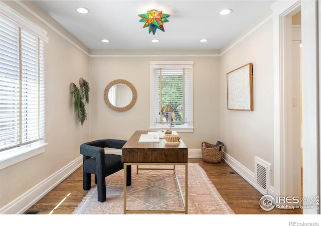 721 9th St, Boulder, CO 80302 - office space featuring wood finished floors, baseboards, crown molding, and recessed lighting