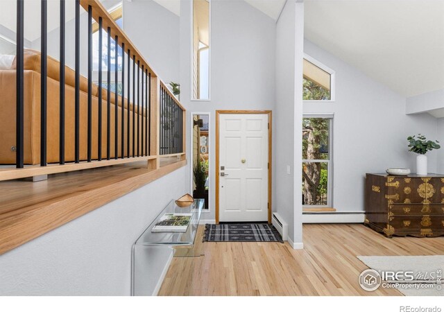 3075 Galena Way, Boulder, CO 80305 - entryway featuring high vaulted ceiling, wood finished floors, baseboards, and baseboard heating