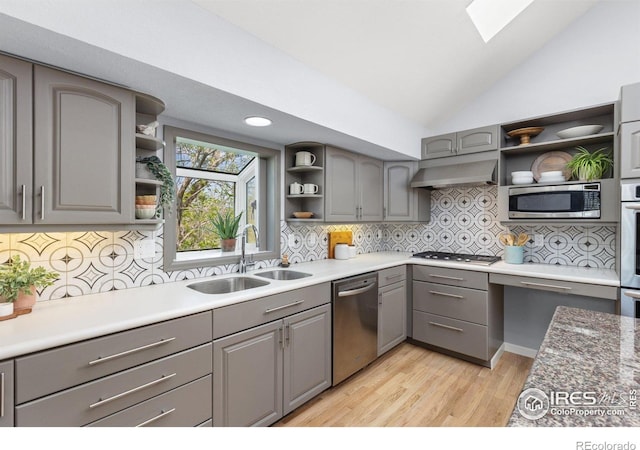 3075 Galena Way, Boulder, CO 80305 - kitchen with gray cabinetry, open shelves, appliances with stainless steel finishes, a sink, and under cabinet range hood