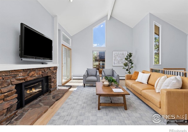 3075 Galena Way, Boulder, CO 80305 - living room with wood finished floors, a baseboard heating unit, beam ceiling, healthy amount of natural light, and high vaulted ceiling