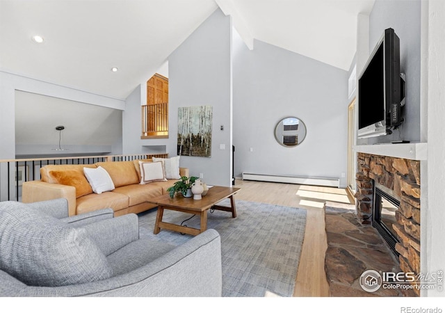 3075 Galena Way, Boulder, CO 80305 - living room featuring baseboard heating, wood finished floors, high vaulted ceiling, a stone fireplace, and beam ceiling