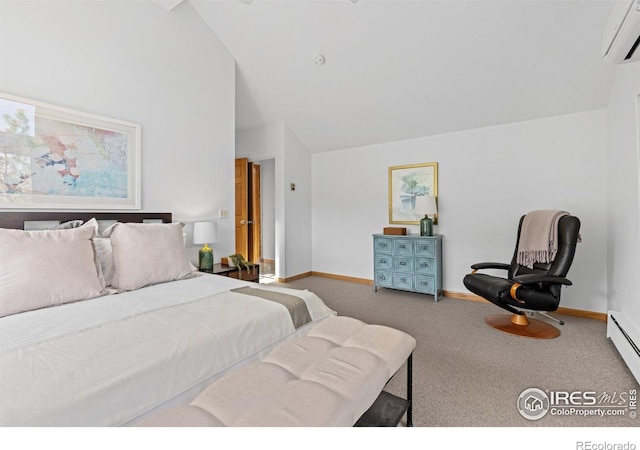 3075 Galena Way, Boulder, CO 80305 - bedroom featuring a wall mounted air conditioner, carpet floors, baseboards, high vaulted ceiling, and a baseboard radiator