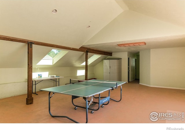 3075 Galena Way, Boulder, CO 80305 - game room with carpet, vaulted ceiling, and a skylight