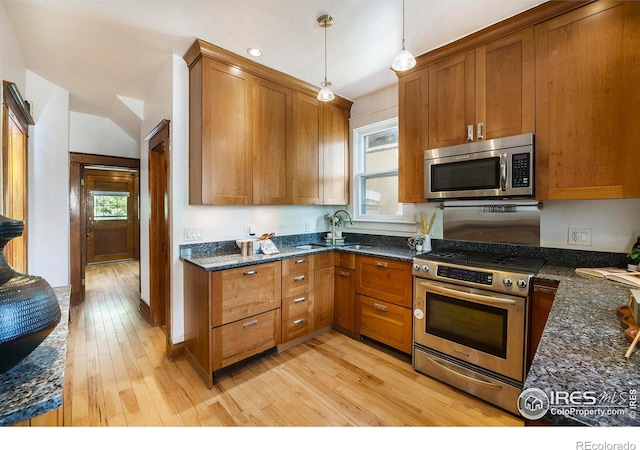 486 N Corona St, Denver, CO 80218 - kitchen with stainless steel appliances, a sink, healthy amount of natural light, brown cabinetry, and lofted ceiling