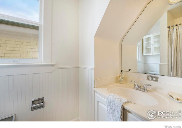 486 N Corona St, Denver, CO 80218 - bathroom featuring vanity and a wainscoted wall