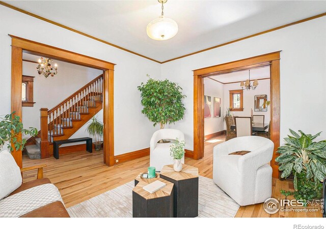 486 N Corona St, Denver, CO 80218 - living room featuring a chandelier, wood finished floors, baseboards, stairs, and crown molding