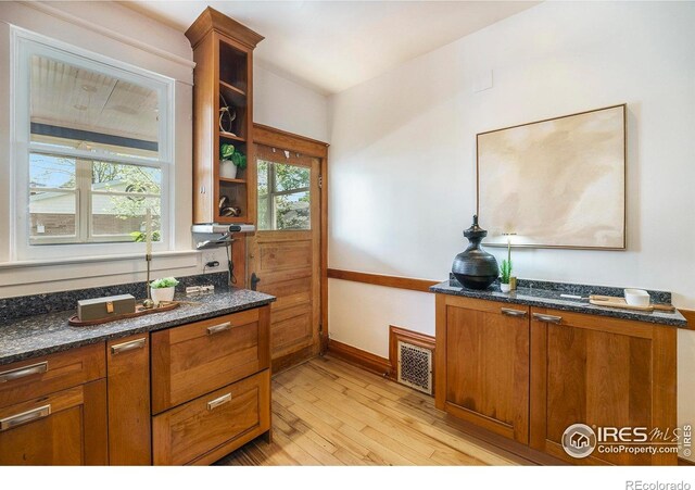 486 N Corona St, Denver, CO 80218 - kitchen with light wood-type flooring, brown cabinetry, dark stone countertops, and baseboards