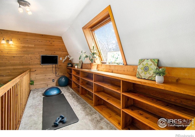 133 Rockledge Cir, Allenspark, CO 80540 - exercise room featuring wooden walls, carpet flooring, and vaulted ceiling