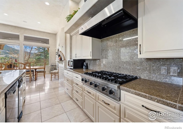 3005 Grey Fox Dr, Estes Park, CO 80517 - kitchen with extractor fan, stainless steel appliances, tile counters, recessed lighting, and light tile patterned floors