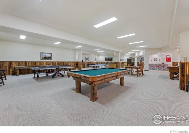 3005 Grey Fox Dr, Estes Park, CO 80517 - rec room featuring pool table, a wainscoted wall, carpet flooring, and wooden walls