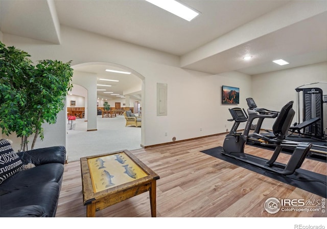 3005 Grey Fox Dr, Estes Park, CO 80517 - workout area featuring arched walkways, wood finished floors, electric panel, and baseboards
