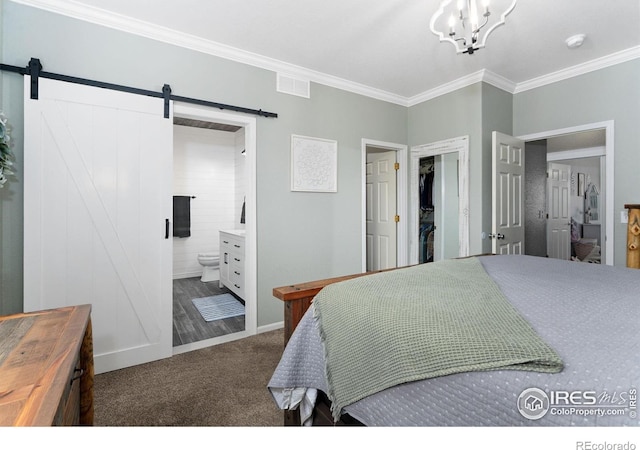 2015 Trail Ridge Dr, Severance, CO 80615 - carpeted bedroom with a barn door, ornamental molding, a chandelier, ensuite bathroom, and a closet