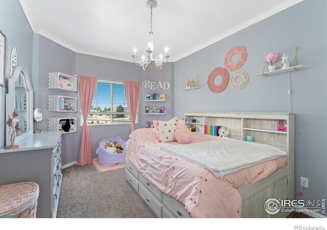 2015 Trail Ridge Dr, Severance, CO 80615 - bedroom featuring a chandelier and light carpet