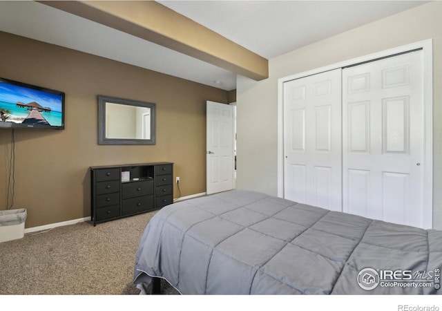 bedroom with carpet flooring, a closet, and baseboards