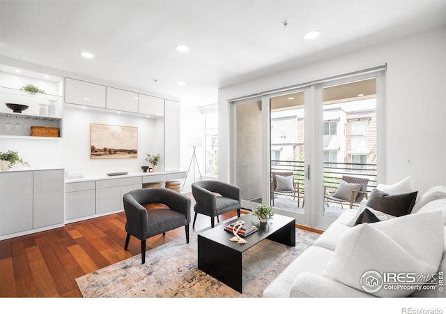 living area with dark wood finished floors and recessed lighting