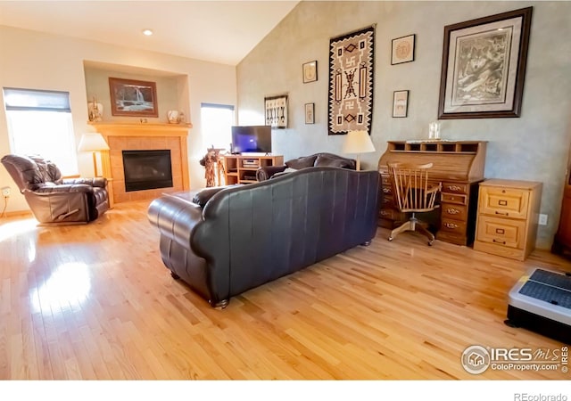 1734 68th Ave, Greeley, CO 80634 - living room featuring light wood-style floors, plenty of natural light, a fireplace, and lofted ceiling