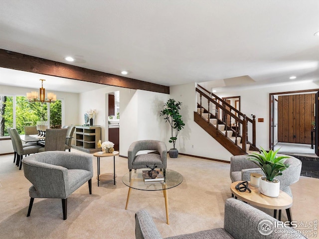 4311 Pali Way, Boulder, CO 80301 - living room with light colored carpet, recessed lighting, a chandelier, stairway, and baseboards