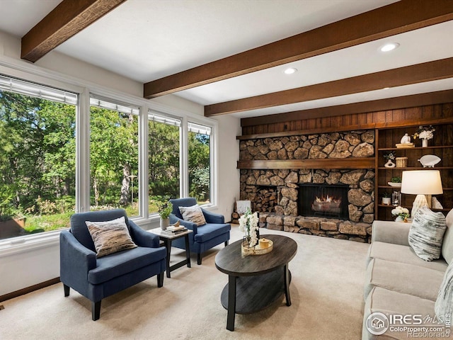 4311 Pali Way, Boulder, CO 80301 - living area with healthy amount of natural light, beam ceiling, light colored carpet, baseboards, and recessed lighting