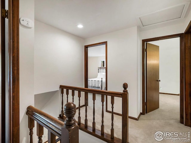 4311 Pali Way, Boulder, CO 80301 - hall with an upstairs landing, light carpet, baseboards, and recessed lighting