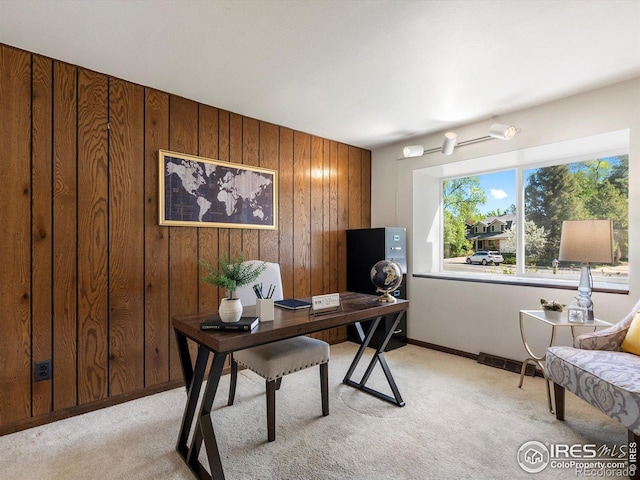 4311 Pali Way, Boulder, CO 80301 - office area featuring light colored carpet, wooden walls, and baseboards
