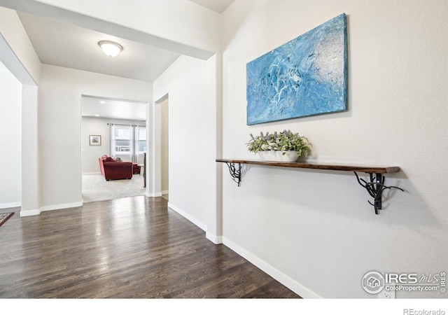 1471 Sabin Ct, Berthoud, CO 80513 - corridor with dark wood-style flooring and baseboards