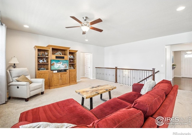 1471 Sabin Ct, Berthoud, CO 80513 - living room with a ceiling fan, recessed lighting, and light carpet