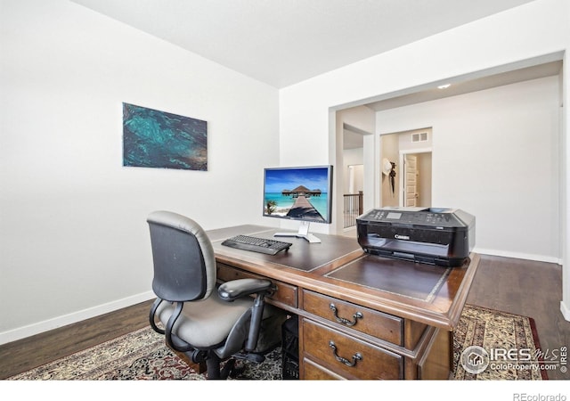1471 Sabin Ct, Berthoud, CO 80513 - home office featuring baseboards and dark wood finished floors