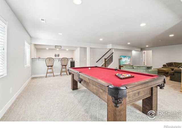 1471 Sabin Ct, Berthoud, CO 80513 - game room featuring carpet flooring, billiards table, bar, and recessed lighting