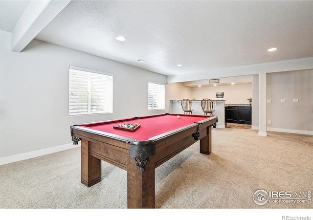 1471 Sabin Ct, Berthoud, CO 80513 - recreation room with carpet, wet bar, recessed lighting, billiards table, and baseboards