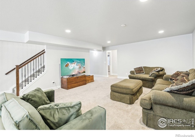 1471 Sabin Ct, Berthoud, CO 80513 - living area featuring carpet, recessed lighting, stairway, and baseboards