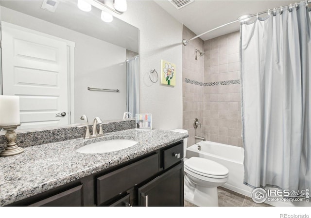 1471 Sabin Ct, Berthoud, CO 80513 - full bath featuring shower / bath combo, toilet, vanity, and tile patterned flooring