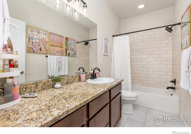 8265 Blackwood Dr, Windsor, CO 80550 - bathroom with toilet, shower / tub combo with curtain, vanity, and tile patterned flooring