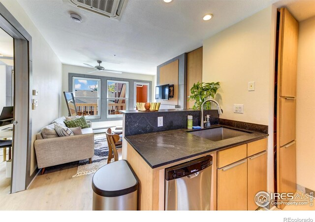 3025 Broadway St Unit 10, Boulder, CO 80304 - kitchen featuring stainless steel dishwasher, a sink, light wood-type flooring, a baseboard heating unit, and ceiling fan