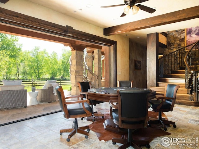 9840 Buckhorn Rd, Loveland, CO 80538 - view of patio featuring ceiling fan, stairway, outdoor dining area, and fence