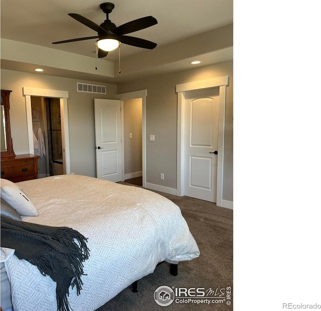 bedroom with carpet flooring, baseboards, recessed lighting, and ceiling fan