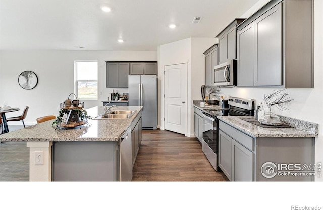 2727 73rd Ave, Greeley, CO 80634 - kitchen with stainless steel appliances, gray cabinets, a sink, an island with sink, and recessed lighting
