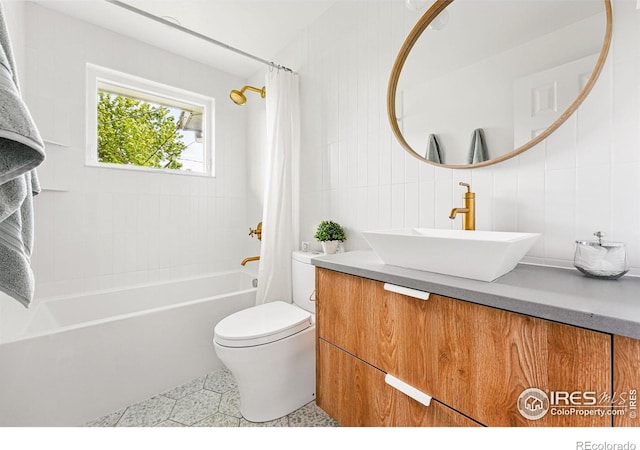 1350 Lehigh St, Boulder, CO 80305 - full bath featuring vanity, toilet, shower / bath combination with curtain, tile walls, and tile patterned floors