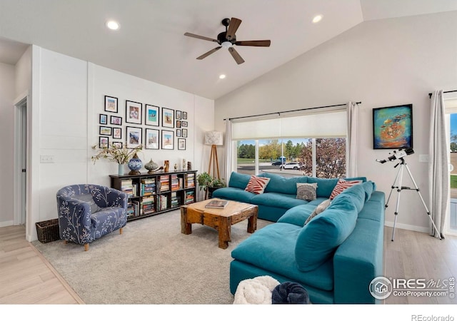 3593 Taylor Walker St, Loveland, CO 80537 - living room with ceiling fan, wood finished floors, recessed lighting, and high vaulted ceiling