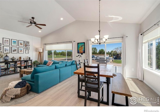 3593 Taylor Walker St, Loveland, CO 80537 - living room with a chandelier, light wood-type flooring, ceiling fan, high vaulted ceiling, and recessed lighting