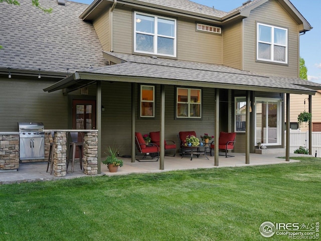 back of house featuring a shingled roof, a patio area, and exterior kitchen