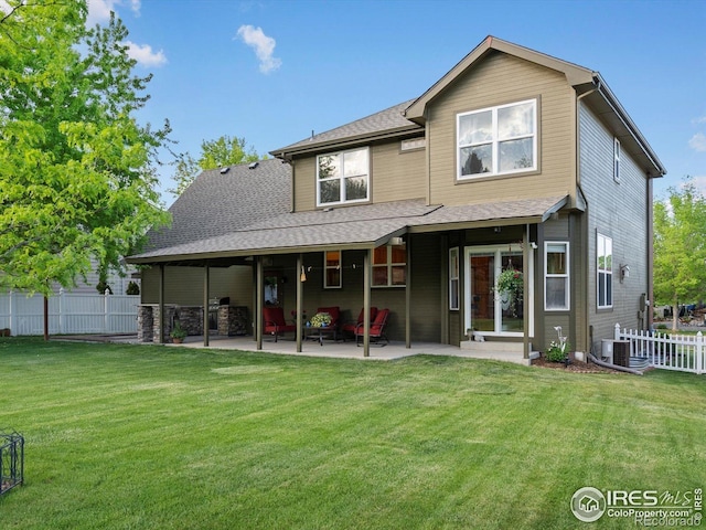 back of house featuring a patio, central air condition unit, and a shingled roof
