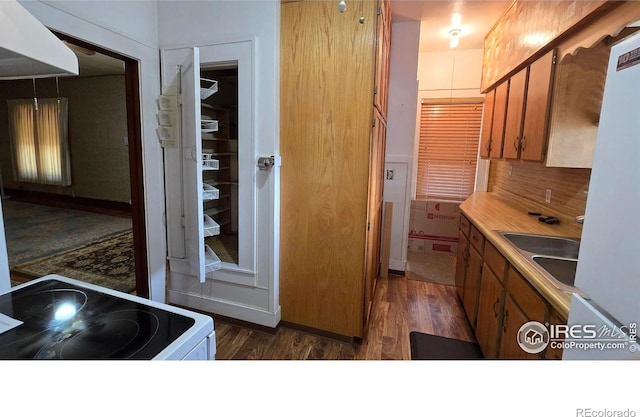 kitchen with white appliances, dark wood finished floors, brown cabinetry, and a sink