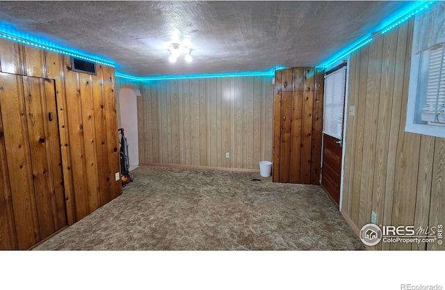 basement with wood walls, carpet flooring, and arched walkways
