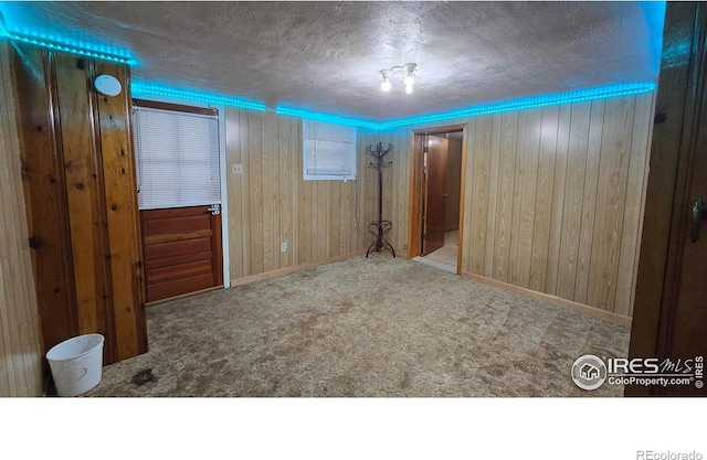 carpeted empty room featuring wood walls, baseboards, and a textured ceiling
