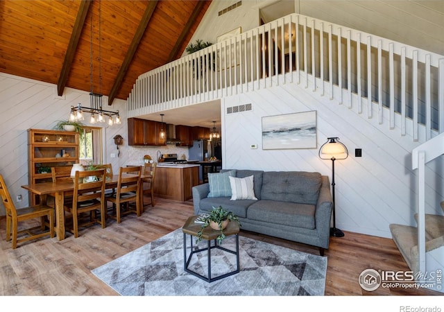 40 Hopi Ct, Lyons, CO 80540 - living area featuring light wood-style floors, a chandelier, wood ceiling, beamed ceiling, and stairway