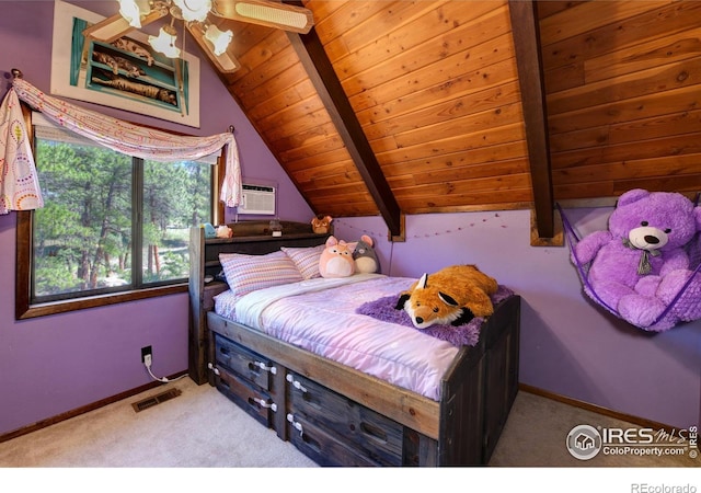 40 Hopi Ct, Lyons, CO 80540 - carpeted bedroom with wood ceiling, baseboards, and an AC wall unit