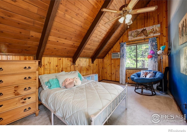 40 Hopi Ct, Lyons, CO 80540 - bedroom with wooden ceiling, wooden walls, carpet flooring, and an AC wall unit